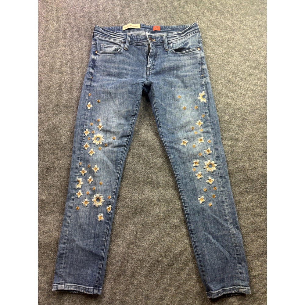 Pilcro and the Letterpress Hyphen Jeans Womens 27 Blue Floral Embroidered Slim
